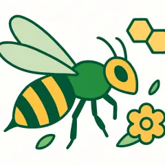 Zielona pszczoła robotnica z żółtymi pasami, latająca obok żółtego kwiatka i plastrów miodu.