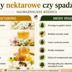 Porównanie miodów: nektarowe, delikatne, kwiatowe, jaśniejsze, dostępne co roku, kontra spadziowe, wyraziste, leśne, ciemniejsze, zależne od spadzi.