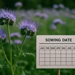 Fioletowe kwiaty facelii siewnej na tle zielonego pola. Obok tabliczka z kalendarzem "Sowing Date" do planowania wysiewów.