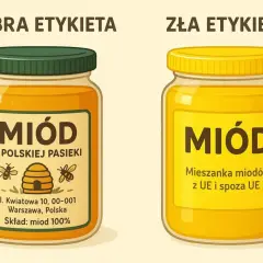 Dobra etykieta miodu z polskiej pasieki, skład: miód 100%. Zła etykieta: mieszanka miodów z UE i spoza UE.