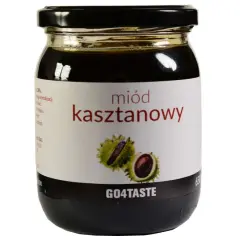 Słoik ciemnego miodu kasztanowego z etykietą przedstawiającą owoce kasztanowca. Poznaj jego niezwykłe miód kasztanowy właściwości.