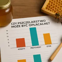 Słoik miodu, plaster miodu z pszczołą, wykres kosztów, przychodów i zysków, drewniana łyżka do miodu.