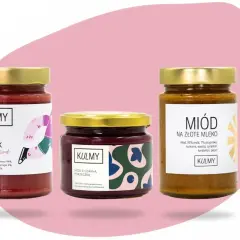 Trzy słoiczki miodu KULMY: Turbo Miodek z maliną, miód z czarną porzeczką i miód na złote mleko.
