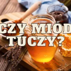 Słodki miód w słoiku i plastrze, a obok lawenda. Czy miód tuczy? Pytanie na drewnianym tle.