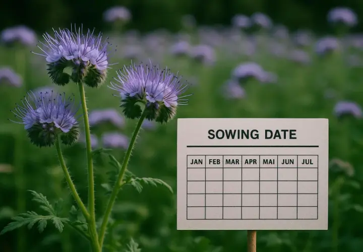 Fioletowe kwiaty facelii siewnej na tle zielonego pola. Obok tabliczka z kalendarzem "Sowing Date" do planowania wysiewów.