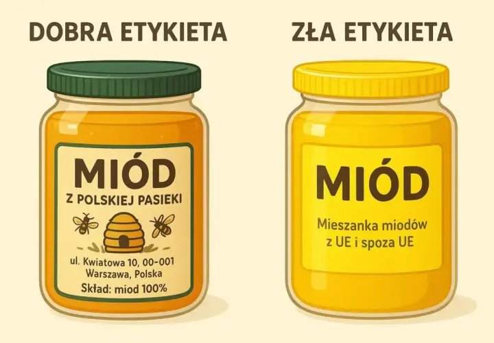 Dobra etykieta miodu z polskiej pasieki, skład: miód 100%. Zła etykieta: mieszanka miodów z UE i spoza UE.