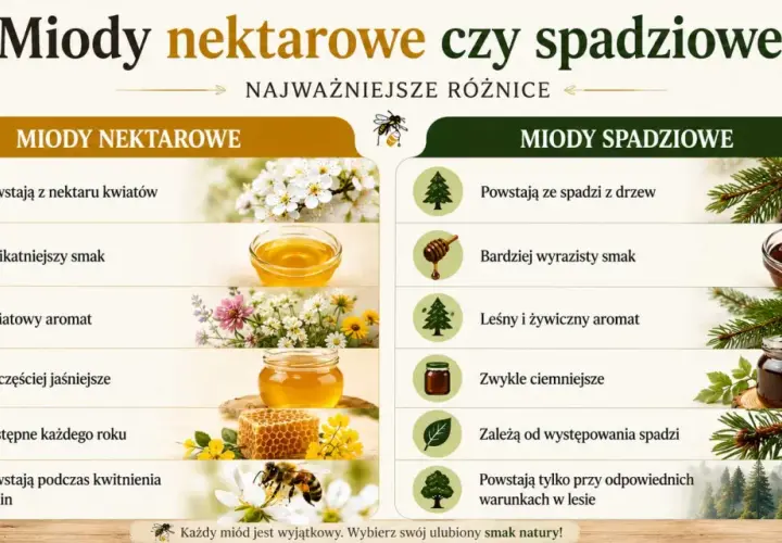 Porównanie miodów nektarowych i spadziowych. Miód spadziowy powstaje ze spadzi z drzew, a nie z nektaru kwiatów, co wpływa na jego smak i aromat.
