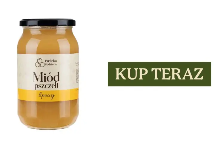 Słoik miodu lipowego z etykietą "Miód pszczeli lipowy" i napisem "KUP TERAZ". To najlepszy miód na przeziębienie.