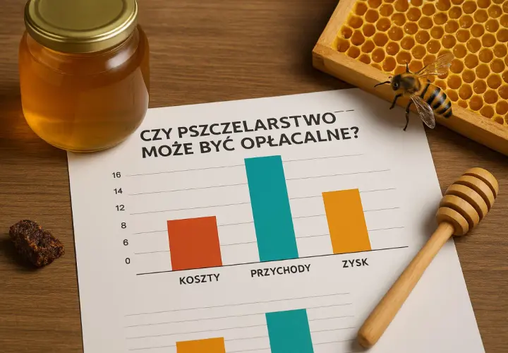 Słoik miodu, plaster miodu z pszczołą, wykres kosztów, przychodów i zysków, drewniana łyżka do miodu.