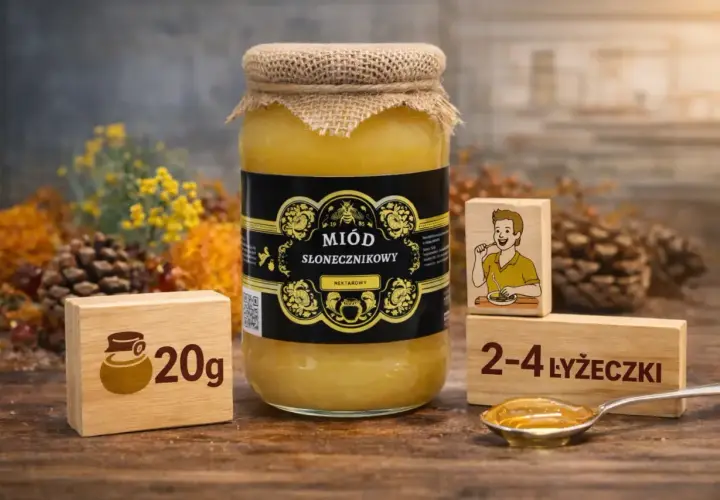 Słoik miodu słonecznikowego, obok drewniane kostki z napisem "20g" i rysunkiem chłopca jedzącego miód, oraz "2-4 łyżeczki". Codzienne jedzenie miodu to zdrowie!