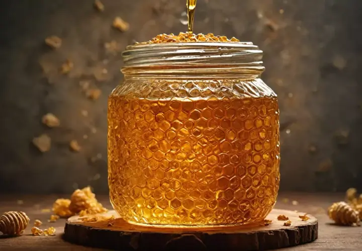 Słoik pełen złocistego miodu, z którego kapie strumień słodyczy. Czy miód podnosi cholesterol? To pytanie nurtuje wielu, gdy patrzą na ten naturalny przysmak.