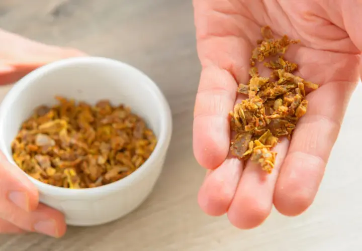 Garść naturalnego propolisu na dłoni, obok miseczki z tym pszczelim produktem. Propolis na skórę to cenny dar natury.