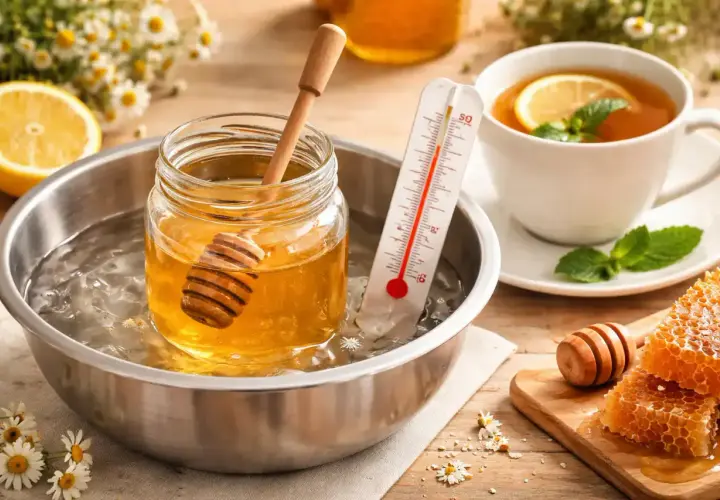 Słoik z miodem w kąpieli wodnej, termometr mierzy temperaturę. Obok filiżanka herbaty z cytryną i plastry miodu. Idealny sposób na przygotowanie miodu do wrzątku.