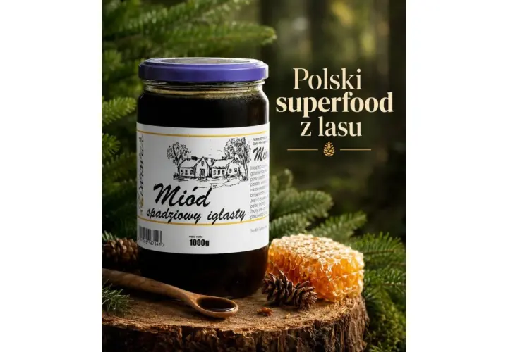 Słoik ciemnego miodu spadziowego iglastego, polskiego superfood z lasu, obok plastra miodu i sosnowych szyszek.