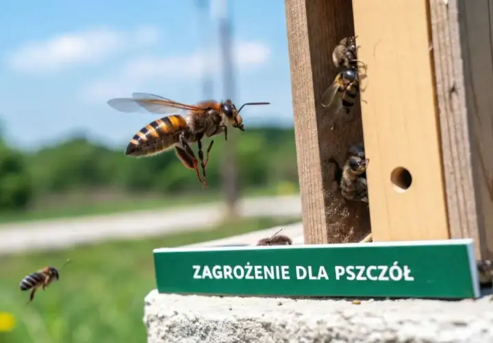 Pszczoła w locie obok domku dla owadów, na którym widnieje napis "Zagrożenie dla pszczół". W domku siedzą inne pszczoły.