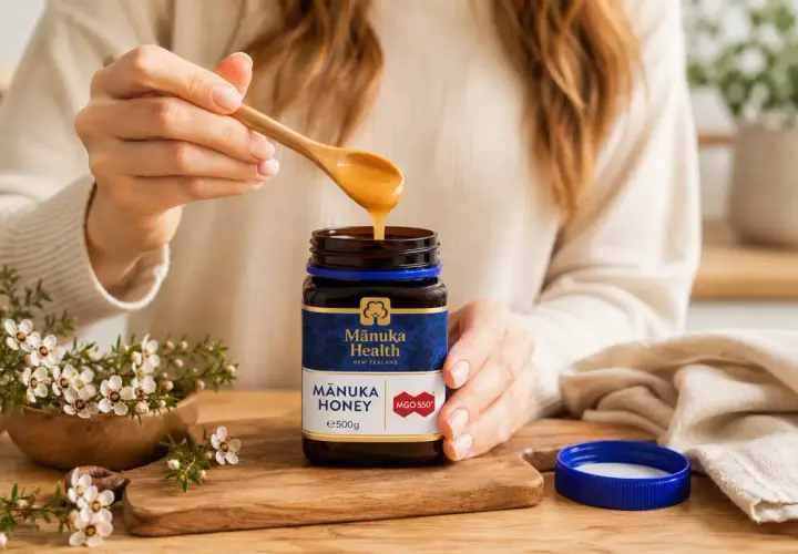 Ktoś nabiera miód manuka na drewnianą łyżkę. Czy miód można trzymać w lodówce? Nie, miód najlepiej przechowywać w temperaturze pokojowej.