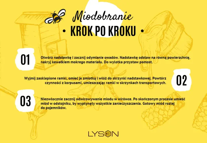 Ilustracja przedstawia kroki miodobrania, w tym otwieranie ula, przygotowanie ramek i wirowanie miodu.