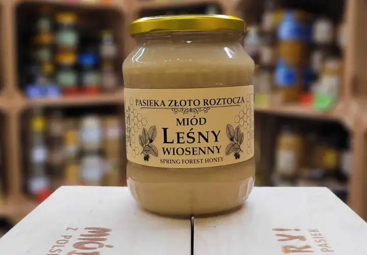 Słoik miodu leśnego wiosennego z pasieki Złoto Roztocza. Naturalny, polski miód.