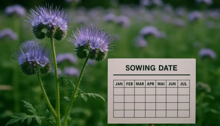 Fioletowe kwiaty facelii siewnej na tle zielonego pola. Obok tabliczka z kalendarzem "Sowing Date" do planowania wysiewów.
