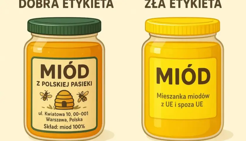 Dobra etykieta miodu z polskiej pasieki, skład: miód 100%. Zła etykieta: mieszanka miodów z UE i spoza UE.