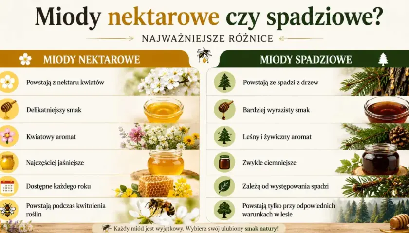 Porównanie miodów nektarowych i spadziowych. Miód spadziowy powstaje ze spadzi z drzew, a nie z nektaru kwiatów, co wpływa na jego smak i aromat.