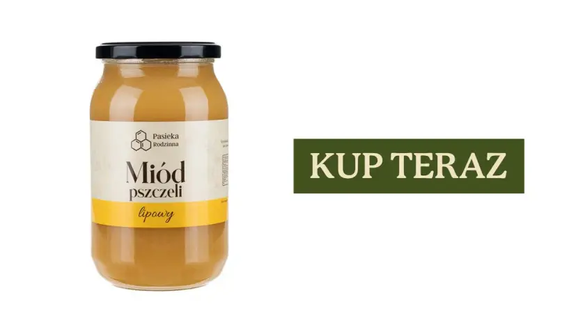 Słoik miodu lipowego z etykietą "Miód pszczeli lipowy" i napisem "KUP TERAZ". To najlepszy miód na przeziębienie.