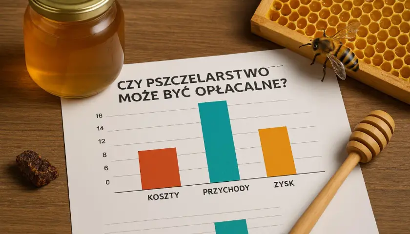 Słoik miodu, plaster miodu z pszczołą, wykres kosztów, przychodów i zysków, drewniana łyżka do miodu.