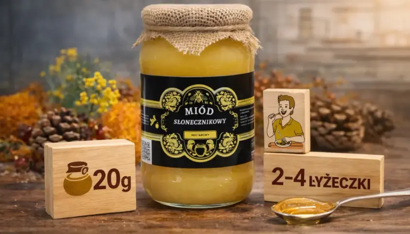 Słoik miodu słonecznikowego, obok drewniane kostki z napisem "20g" i rysunkiem chłopca jedzącego miód, oraz "2-4 łyżeczki". Codzienne jedzenie miodu to zdrowie!