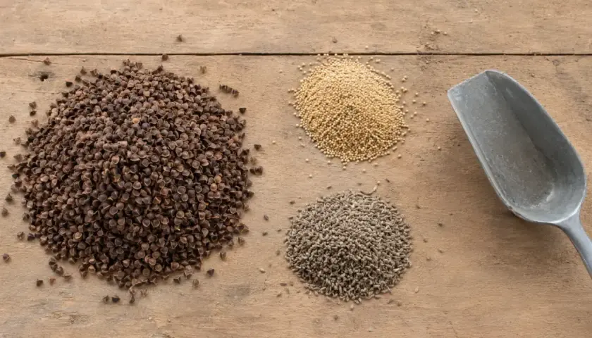 Kupa gryki, amarantusa i kminku na drewnianym stole. Zastanawiasz się, ile gryki na hektar?