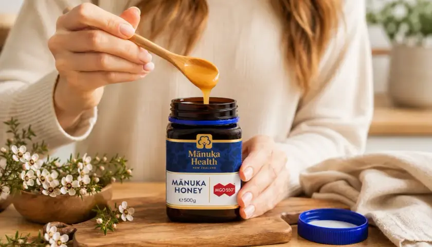 Ktoś nabiera miód manuka na drewnianą łyżkę. Czy miód można trzymać w lodówce? Nie, miód najlepiej przechowywać w temperaturze pokojowej.