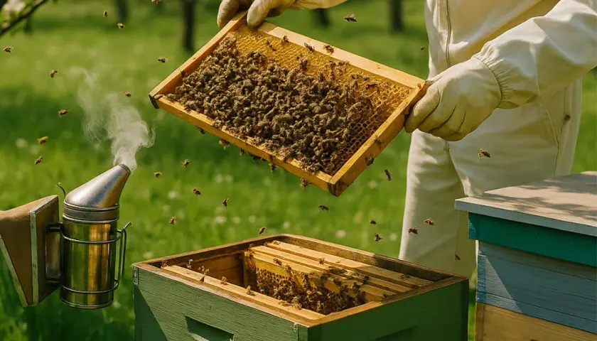 Olot pszczół nad ulem. Pszczelarz w białym stroju trzyma ramkę z miodem, a dym z podkurzacza unosi się w powietrzu.