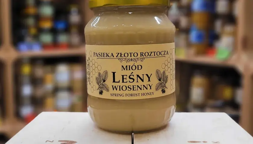 Słoik miodu leśnego wiosennego z pasieki Złoto Roztocza. Naturalny, polski miód.
