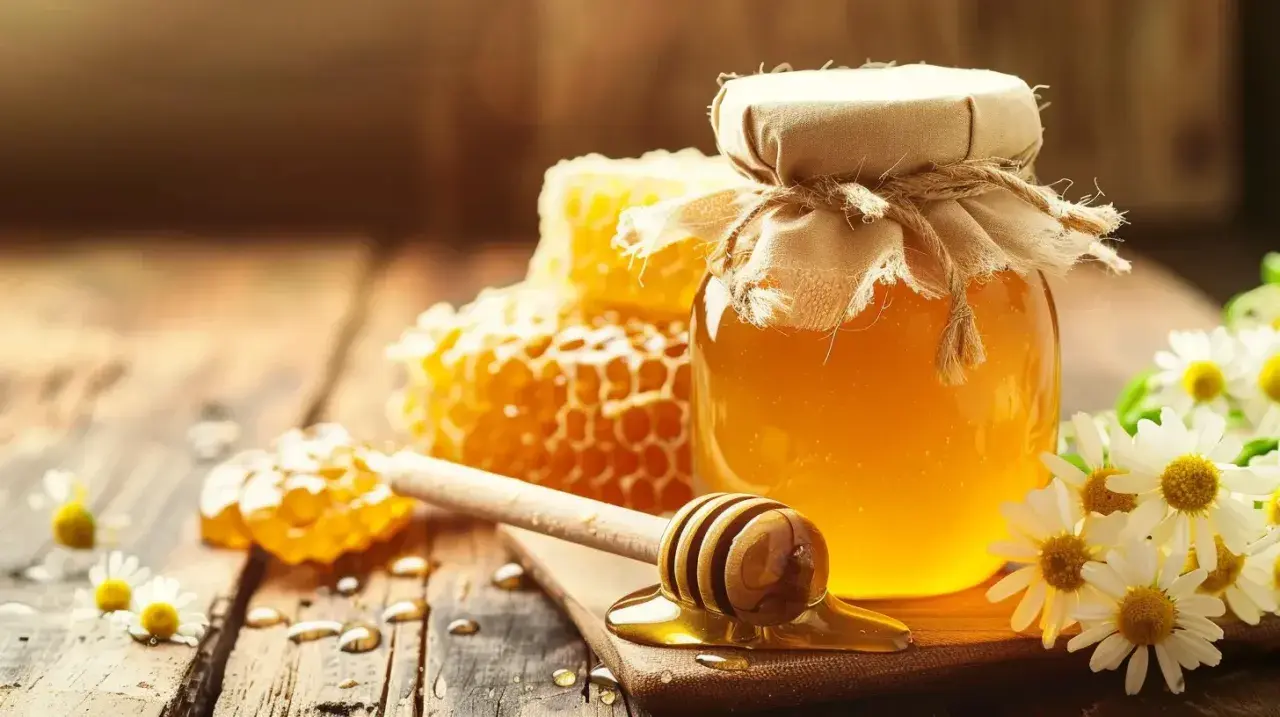 Słoik złocistego miodu, plastry miodu i rumianek. Zastanawiasz się, jaki miód na refluks jest najlepszy? Ten naturalny produkt może przynieść ulgę.