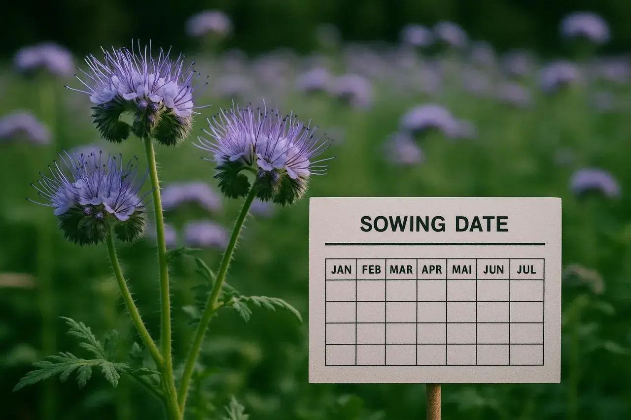 Fioletowe kwiaty facelii siewnej na tle zielonego pola. Obok tabliczka z kalendarzem "Sowing Date" do planowania wysiewów.