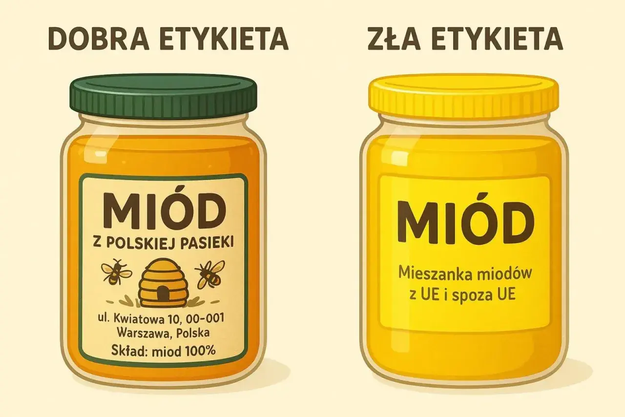 Dobra etykieta miodu z polskiej pasieki, skład: miód 100%. Zła etykieta: mieszanka miodów z UE i spoza UE.