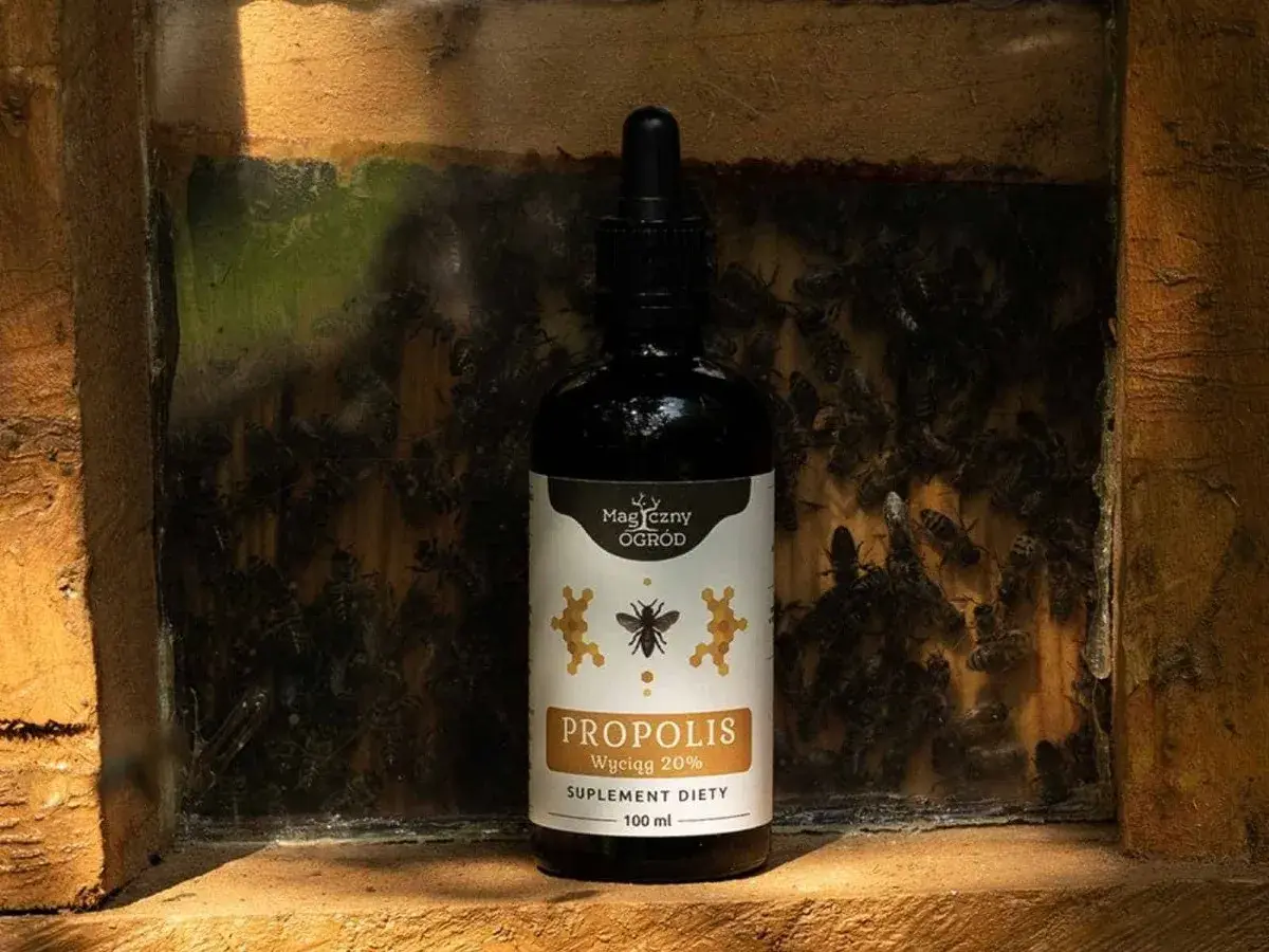 Butelka propolisu na tle ula. Zastanawiasz się, jak długo można stosować propolis? Ten naturalny produkt pszczeli jest cennym wsparciem.