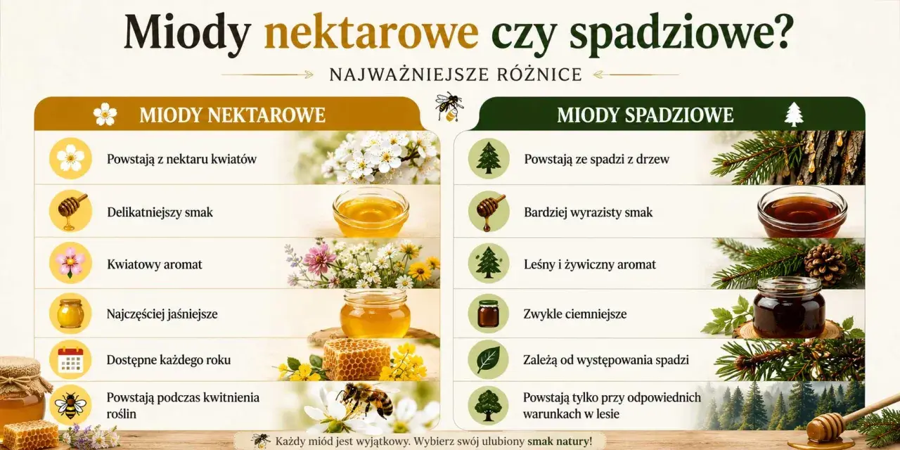 Porównanie miodów nektarowych i spadziowych. Miód spadziowy powstaje ze spadzi z drzew, a nie z nektaru kwiatów, co wpływa na jego smak i aromat.