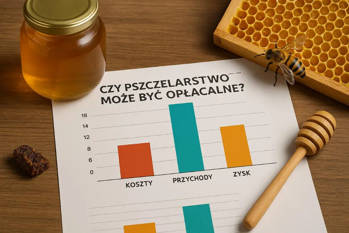 Słoik miodu, plaster miodu z pszczołą, wykres kosztów, przychodów i zysków, drewniana łyżka do miodu.