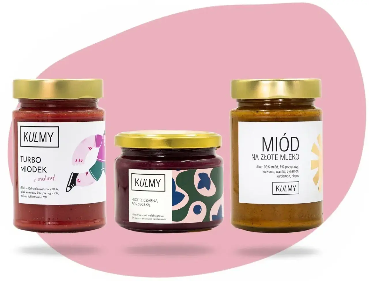 Trzy słoiczki miodu KULMY: Turbo Miodek z maliną, miód z czarną porzeczką i miód na złote mleko.