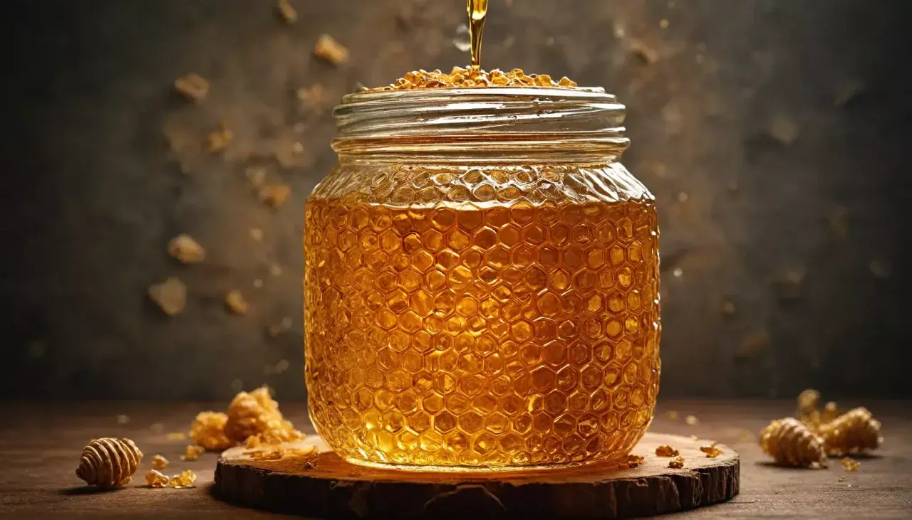 Słoik pełen złocistego miodu, z którego kapie strumień słodyczy. Czy miód podnosi cholesterol? To pytanie nurtuje wielu, gdy patrzą na ten naturalny przysmak.