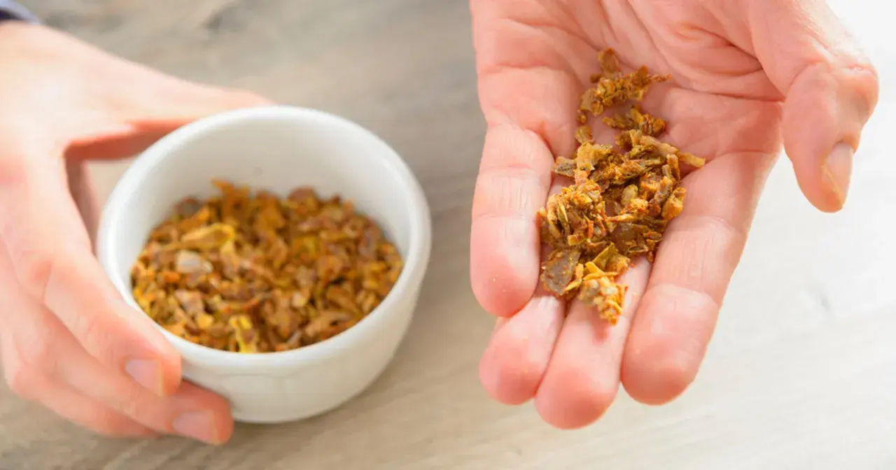 Garść naturalnego propolisu na dłoni, obok miseczki z tym pszczelim produktem. Propolis na skórę to cenny dar natury.