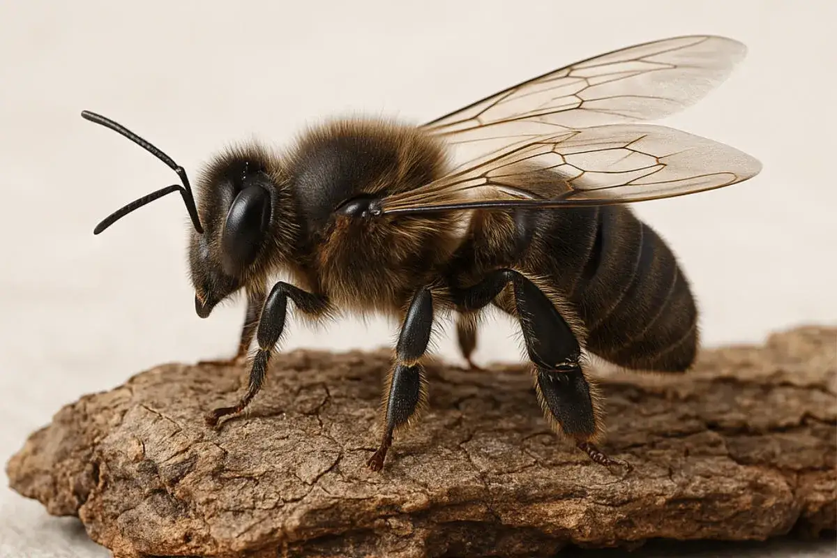 Pszczoła, czyli Apis mellifera po łacinie, siedzi na kawałku kory.