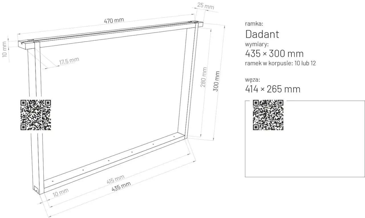 Schemat ramki Dadant z wymiarami: 435x300 mm. Wymiary ramek pszczelich kluczowe dla pasieki.