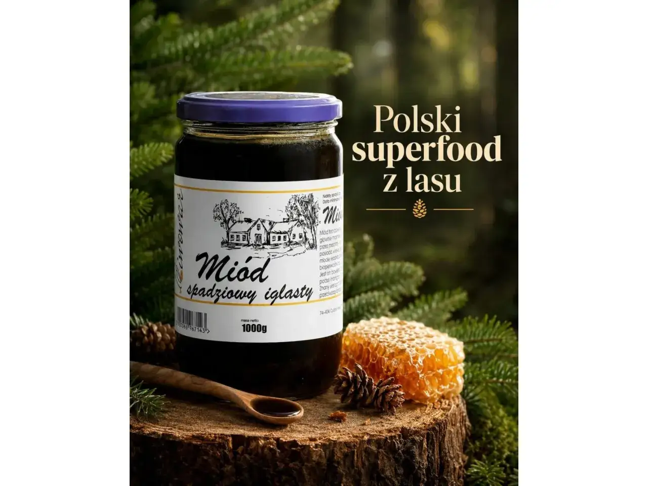 Słoik ciemnego miodu spadziowego iglastego, obok plastra miodu i szyszki. Polski superfood z lasu.