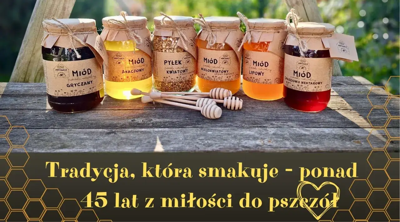 Sześć słoików miodu: gryczany, akacjowy, pyłek, wielokwiatowy, lipowy i spadziowo-nektarowy. Wiosenny miód i tradycja pszczelarska.